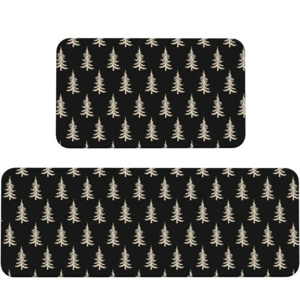 Kitchen Mat Set Of 2 Christmas‎ Print Black Mat With White Trees 17x29, 17x47